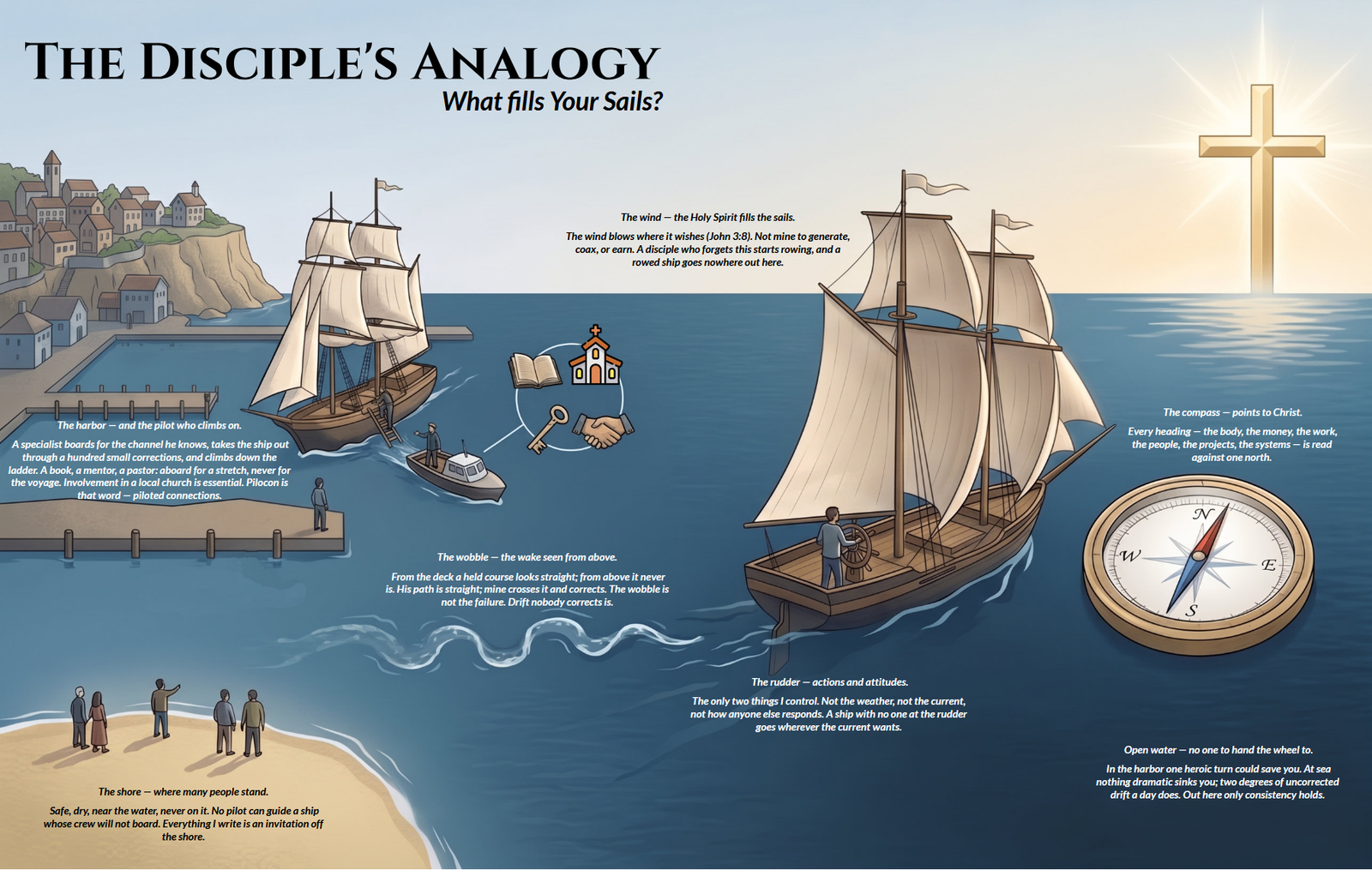 The Disciple's Analogy poster: harbor, pilot boat, sailboat on open water, the cross on the horizon, the shore